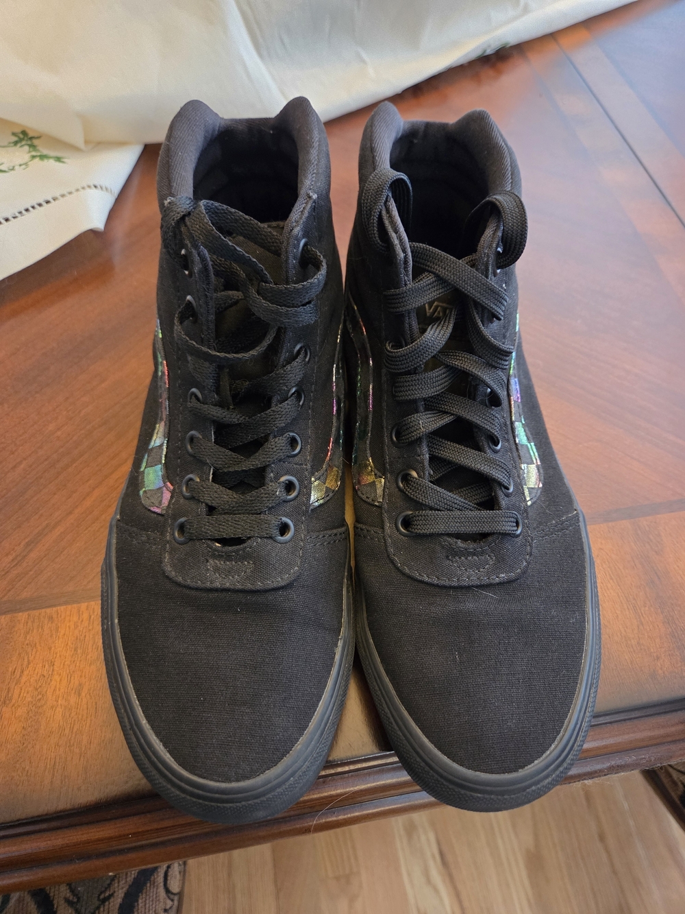 Vans Black High-Top Ankle Boots with Iridescent Checkerboard Accent